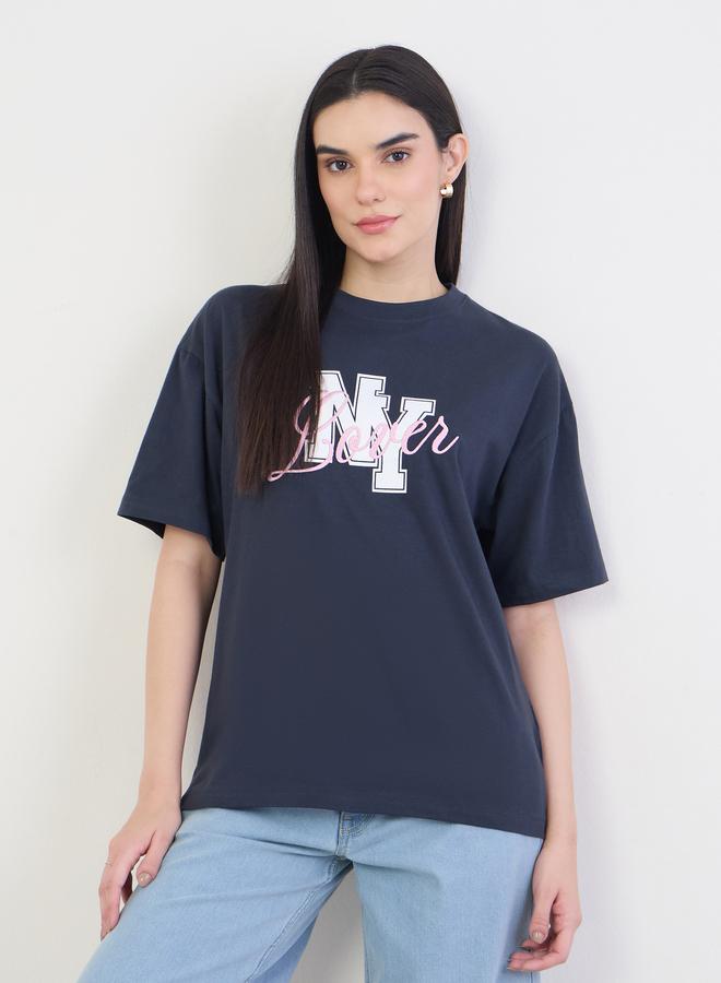 Styli Navy Blue Embroidered Slogan T-Shirt - Image 3