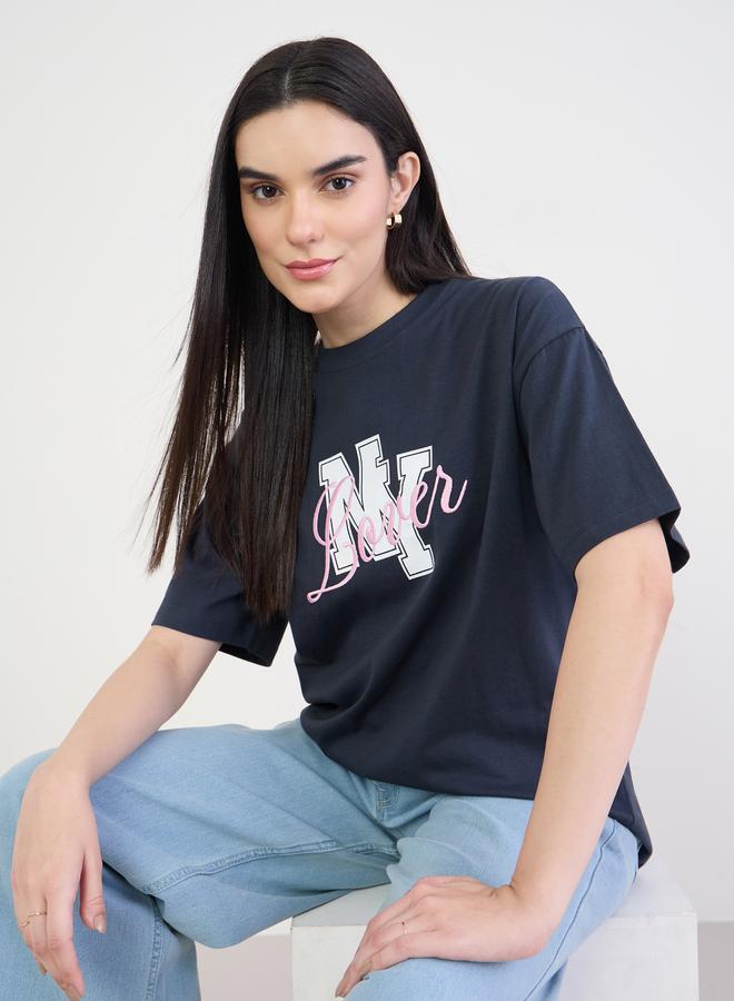 Styli Navy Blue Embroidered Slogan T-Shirt - Image 1