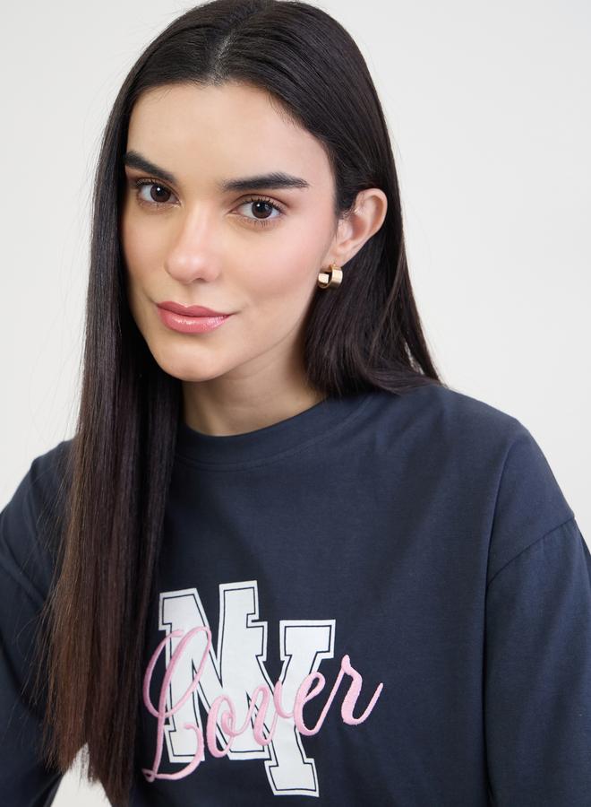 Styli Navy Blue Embroidered Slogan T-Shirt - Image 4