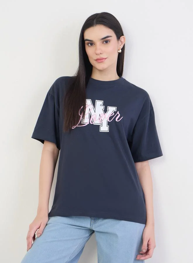Navy Blue Embroidered Slogan T-Shirt