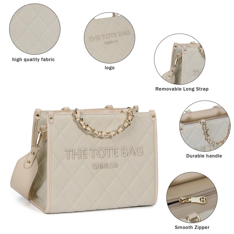 Chinllo Tote Bag for Women Quilted Chains Satchel Purse and Handbags with Shoulder Strap (E.Beige-Ms) - Image 3