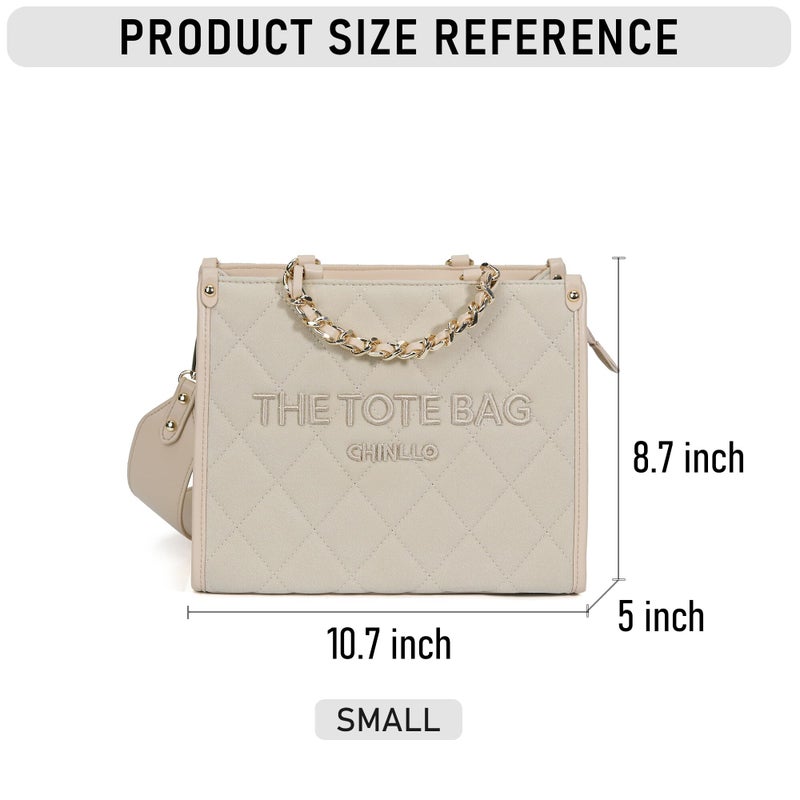 Chinllo Tote Bag for Women Quilted Chains Satchel Purse and Handbags with Shoulder Strap (E.Beige-Ms) - Image 2
