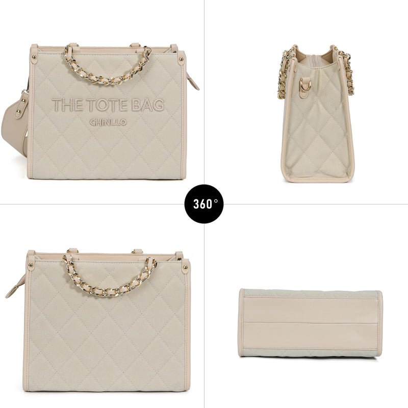 Chinllo Tote Bag for Women Quilted Chains Satchel Purse and Handbags with Shoulder Strap (E.Beige-Ms) - Image 5