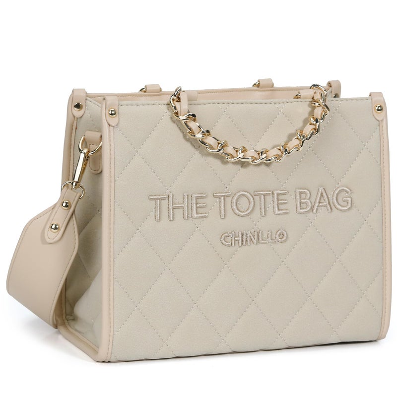Chinllo Tote Bag for Women Quilted Chains Satchel Purse and Handbags with Shoulder Strap (E.Beige-Ms) - Image 1