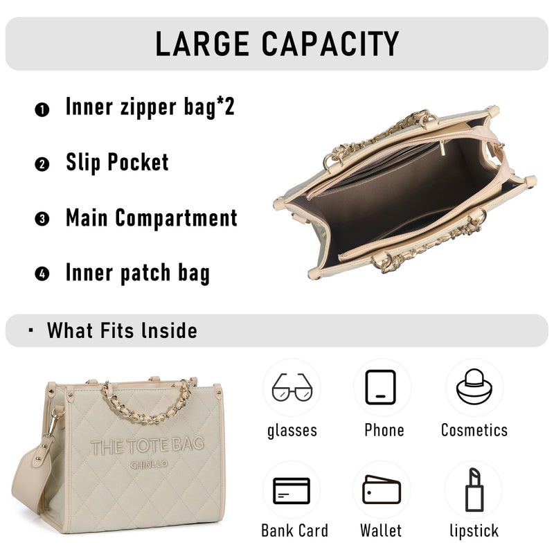 Chinllo Tote Bag for Women Quilted Chains Satchel Purse and Handbags with Shoulder Strap (E.Beige-Ms) - Image 4