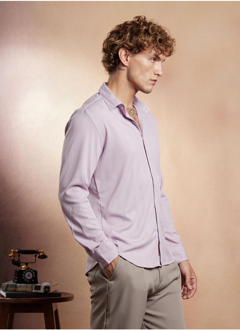 Campus Sutra Campus Sutra Men's Pastel Purple Waffle-CrossStitch Shirt For Casual Wear | Spread Collar | Long Cuffed Sleeves | Button Closure | Shirt Crafted With Comfort Fit For Everyday Wear  - Image 3