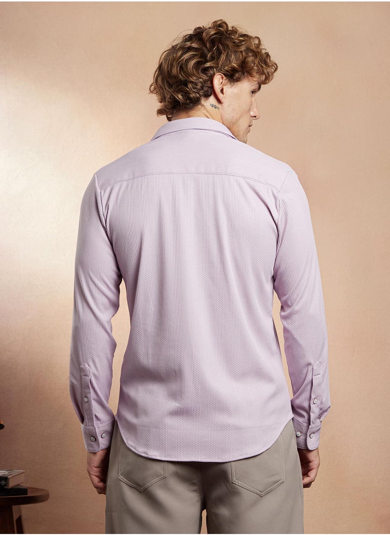 Campus Sutra Campus Sutra Men's Pastel Purple Waffle-CrossStitch Shirt For Casual Wear | Spread Collar | Long Cuffed Sleeves | Button Closure | Shirt Crafted With Comfort Fit For Everyday Wear  - Image 5