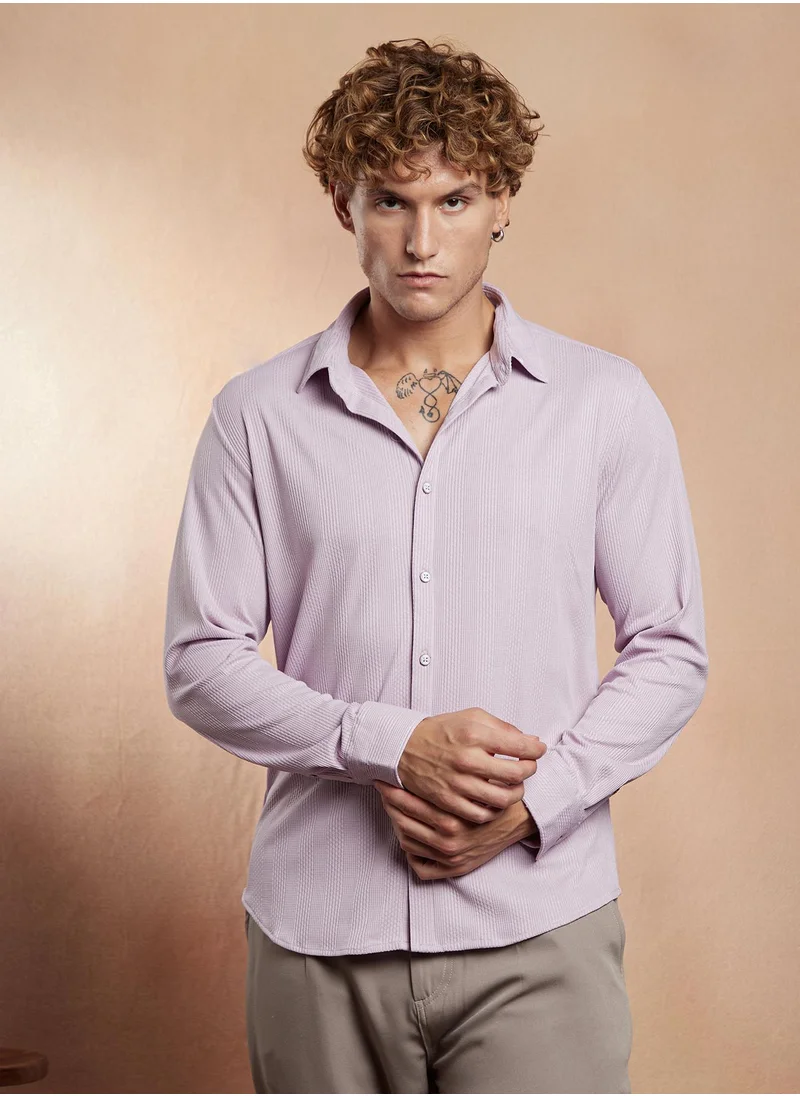 كامبوس سوترا Campus Sutra Men's Pastel Purple Waffle-CrossStitch Shirt For Casual Wear | Spread Collar | Long Cuffed Sleeves | Button Closure | Shirt Crafted With Comfort Fit For Everyday Wear