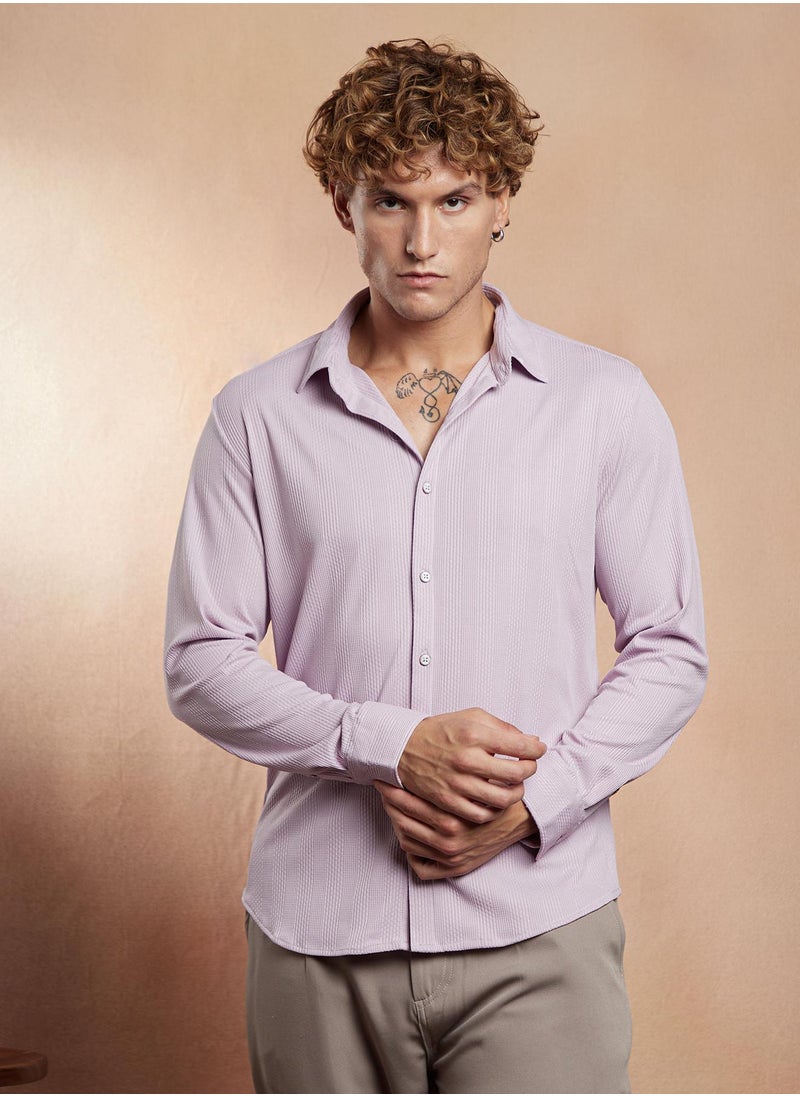 Campus Sutra Campus Sutra Men's Pastel Purple Waffle-CrossStitch Shirt For Casual Wear | Spread Collar | Long Cuffed Sleeves | Button Closure | Shirt Crafted With Comfort Fit For Everyday Wear  - Image 2