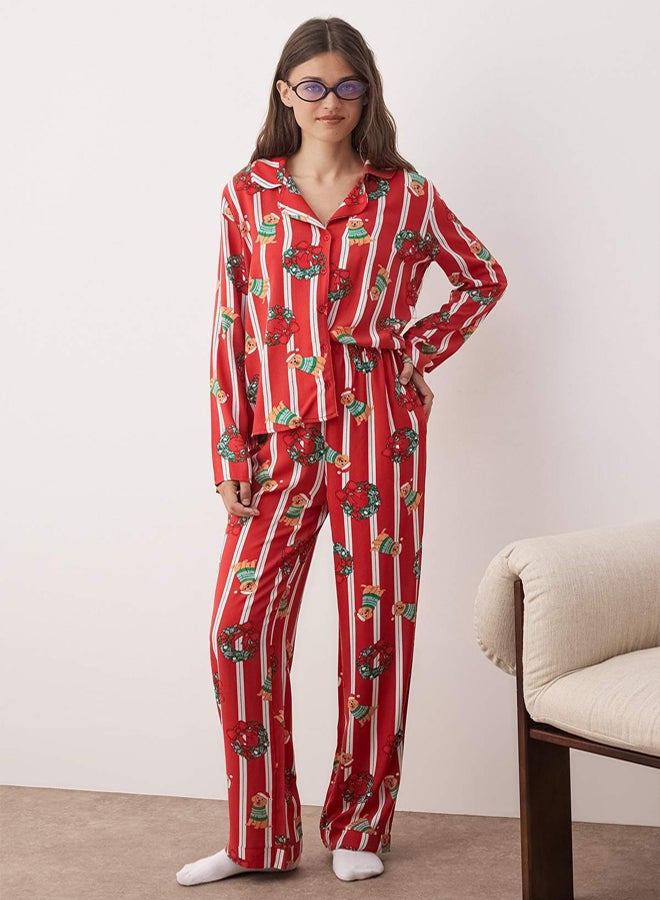 trendyol Burgundy Dog Printed New Year Themed Viscose Woven Pajama Set - Image 1
