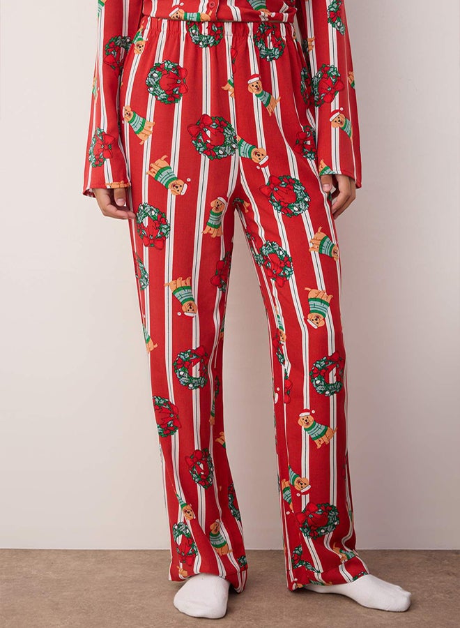 trendyol Burgundy Dog Printed New Year Themed Viscose Woven Pajama Set - Image 3