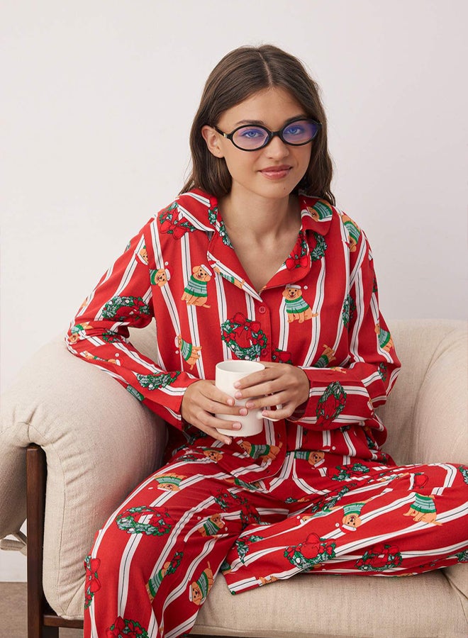 trendyol Burgundy Dog Printed New Year Themed Viscose Woven Pajama Set - Image 2