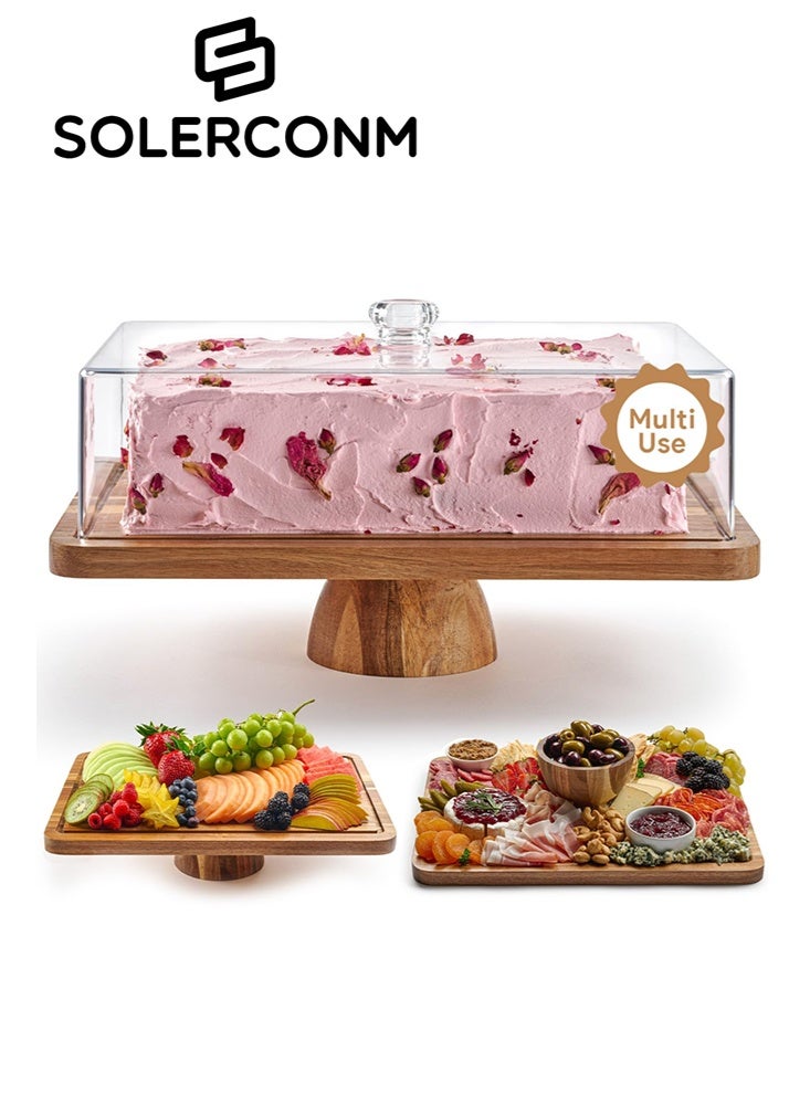 سولاكان قاعدة كيك من خشب الأكاسيا مع غطاء من SOLERCONM | صينية تقديم مستطيلة وحامل أطعمة باردة | غطاء أكريليك كبير مقاوم للكسر | بدون زجاج | 2 في 1 لحمل الكيك والجبن والفواكه - Image 1