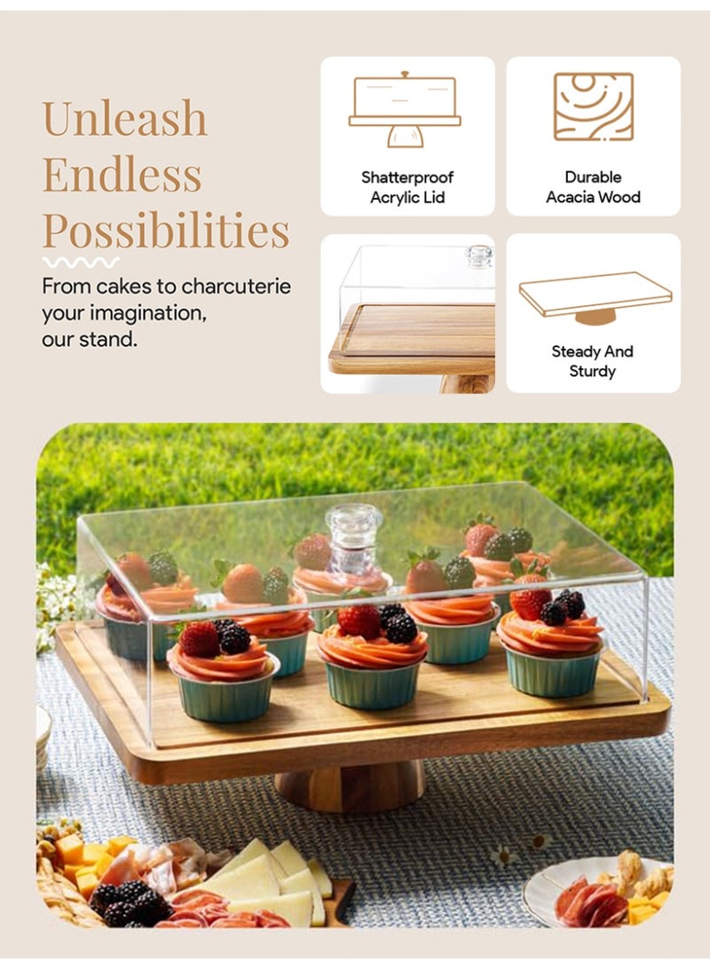 سولاكان قاعدة كيك من خشب الأكاسيا مع غطاء من SOLERCONM | صينية تقديم مستطيلة وحامل أطعمة باردة | غطاء أكريليك كبير مقاوم للكسر | بدون زجاج | 2 في 1 لحمل الكيك والجبن والفواكه - Image 2