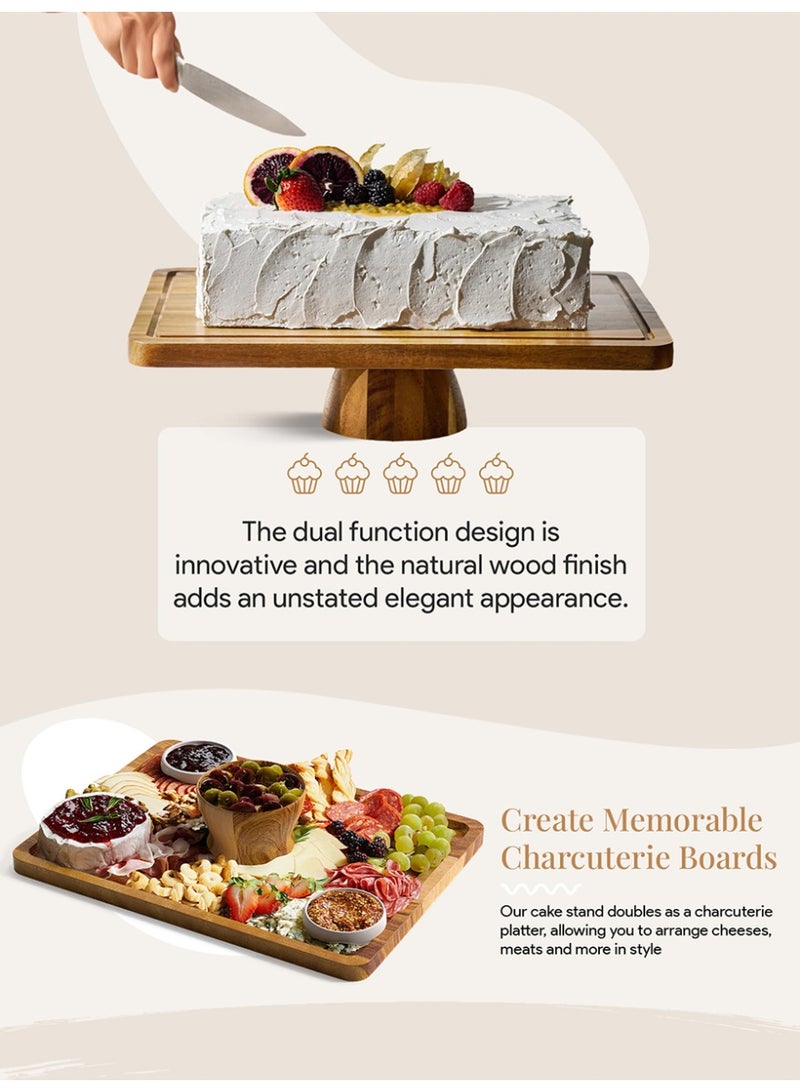 سولاكان قاعدة كيك من خشب الأكاسيا مع غطاء من SOLERCONM | صينية تقديم مستطيلة وحامل أطعمة باردة | غطاء أكريليك كبير مقاوم للكسر | بدون زجاج | 2 في 1 لحمل الكيك والجبن والفواكه - Image 4