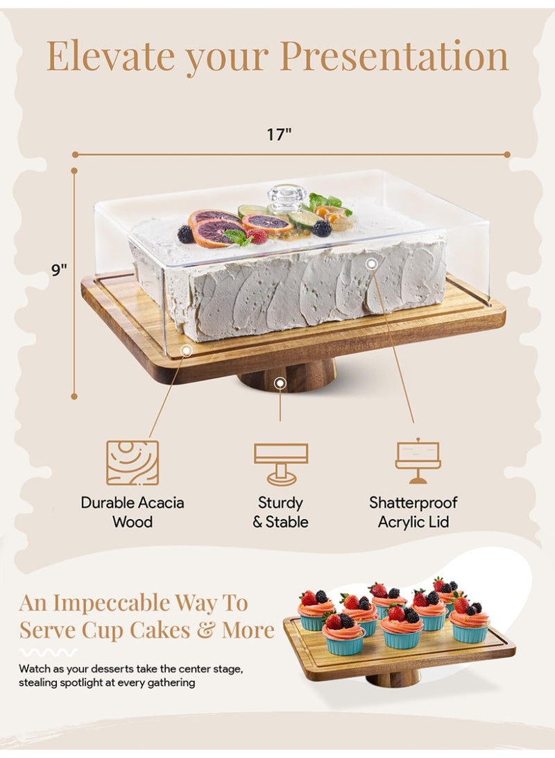 سولاكان قاعدة كيك من خشب الأكاسيا مع غطاء من SOLERCONM | صينية تقديم مستطيلة وحامل أطعمة باردة | غطاء أكريليك كبير مقاوم للكسر | بدون زجاج | 2 في 1 لحمل الكيك والجبن والفواكه - Image 5