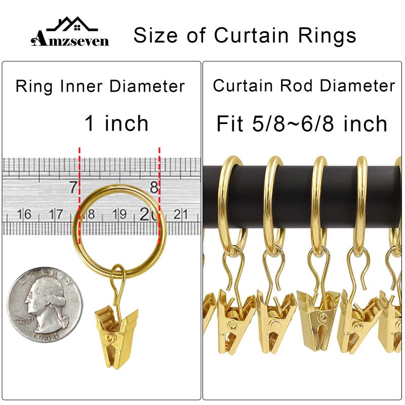 AMZSEVEN 44 Pack Metal Curtain Rings with Clips, Drapery Clips with Rings, Drapes Rings 1 inch Inner Diameter, Fits Diameter 5/8 inch Curtain Rods, Gold - Image 3