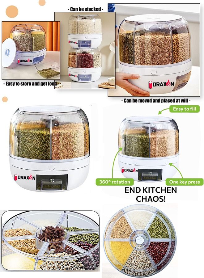 دراكسون موزع دائري للأرز والفاصوليا من دراكسون ، منظم للمطبخ ، حاوية حبوب دوارة 360 درجة للمنزل ، دلو شفاف للحبوب ، صندوق تخزين ، علب حبوب شفافة ، هدية للنساء - Image 3