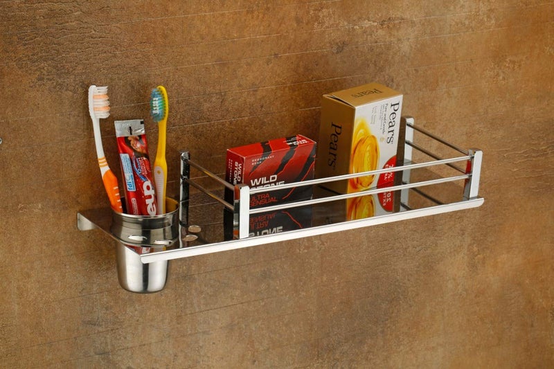 iSTAR Star 3in1 Stainless Steel Chrome Finish Multipurpose Shelf Rack with Towel Hanger, Tumbler Holder Bathroom Accessories - Image 1