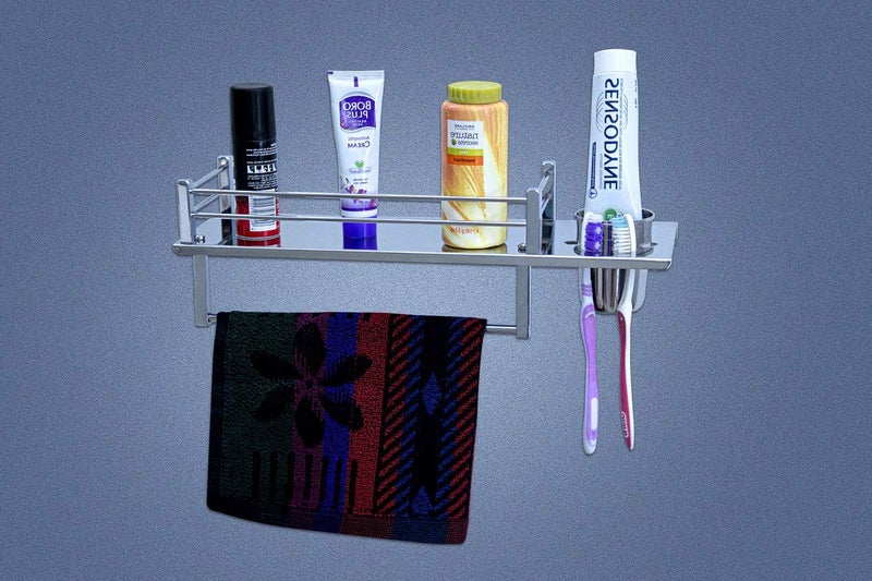 iSTAR Star 3in1 Stainless Steel Chrome Finish Multipurpose Shelf Rack with Towel Hanger, Tumbler Holder Bathroom Accessories - Image 2