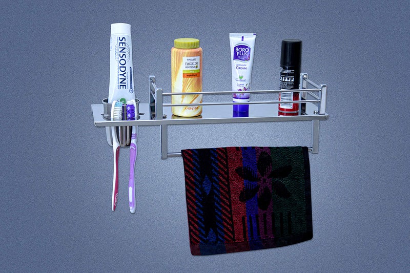 iSTAR Star 3in1 Stainless Steel Chrome Finish Multipurpose Shelf Rack with Towel Hanger, Tumbler Holder Bathroom Accessories - Image 3