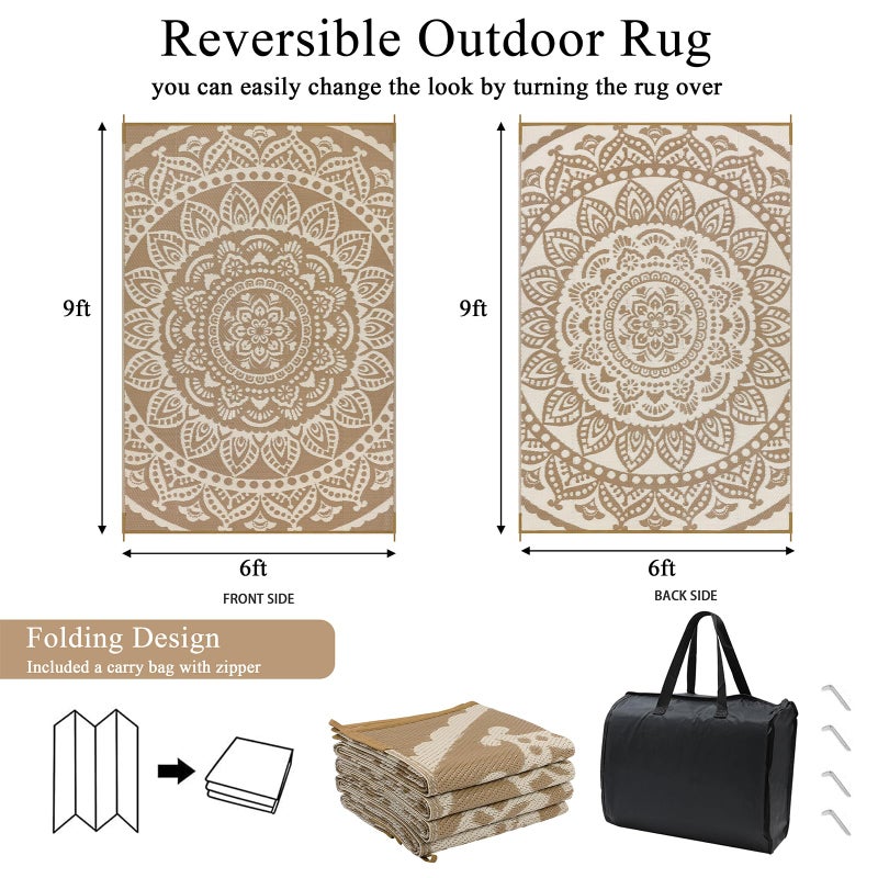 Bsmathom Waterproof Outdoor Rug 6'x9' Reversible Boho Plastic Straw Patio Deck Camping Rugs, Indoor Outdoor Portable RV Mat Clearance Carpet for Outside, Porch, Balcony, Backyard, Beach, Pool,Brown - Image 3