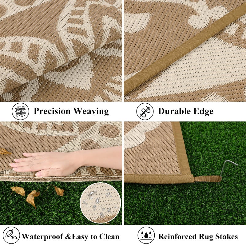 Bsmathom Waterproof Outdoor Rug 6'x9' Reversible Boho Plastic Straw Patio Deck Camping Rugs, Indoor Outdoor Portable RV Mat Clearance Carpet for Outside, Porch, Balcony, Backyard, Beach, Pool,Brown - Image 4