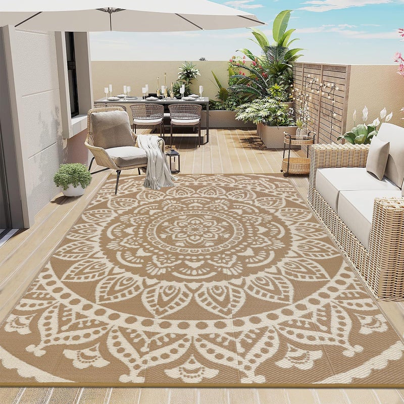 Bsmathom Waterproof Outdoor Rug 6'x9' Reversible Boho Plastic Straw Patio Deck Camping Rugs, Indoor Outdoor Portable RV Mat Clearance Carpet for Outside, Porch, Balcony, Backyard, Beach, Pool,Brown - Image 1