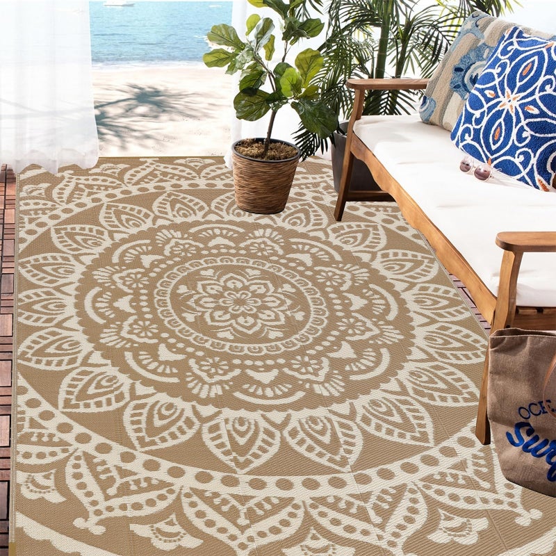 Bsmathom Waterproof Outdoor Rug 6'x9' Reversible Boho Plastic Straw Patio Deck Camping Rugs, Indoor Outdoor Portable RV Mat Clearance Carpet for Outside, Porch, Balcony, Backyard, Beach, Pool,Brown - Image 2