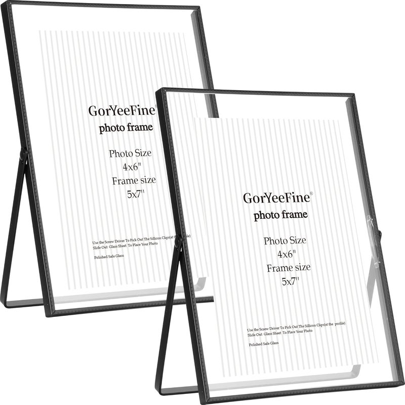 GorYeeFine مجموعة إطارين عائمين أسودين مقاس 5x7 بوصة، لمقاسات الصور (3.5x5 بوصة، 4x6 بوصة)، إطارات جميلة بحافة معدنية مخرومة قابلة للتعديل على الطاولة/الرف، خيار هدية أنيقة للزفاف. - Image 1