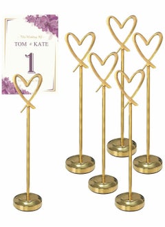 SYOSI 5 Pcs Mini Place Card Holders, Heart Shape Clip Place Cards Holder, Cute Table Card Holder Table Picture Stands, Wire Photo Holder Menu Memo Clips, Idea for Wedding, Anniversary Party (Gold)  - Image 1
