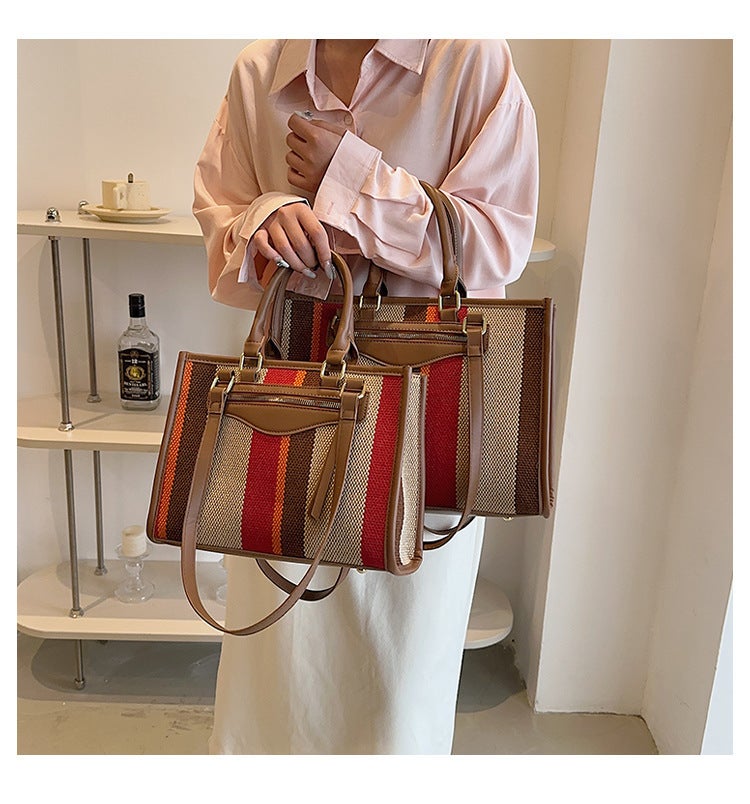 Canvas Tote Bag For Women 2023 New Contrast Color Striped Handbag Large Capacity Shoulder Bag - Image 2