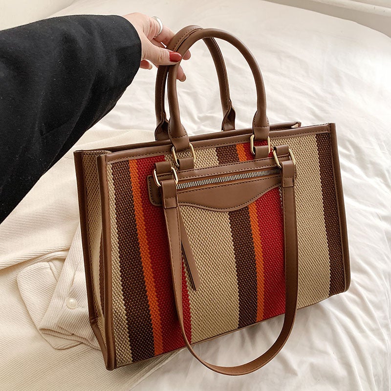 Canvas Tote Bag For Women 2023 New Contrast Color Striped Handbag Large Capacity Shoulder Bag - Image 3