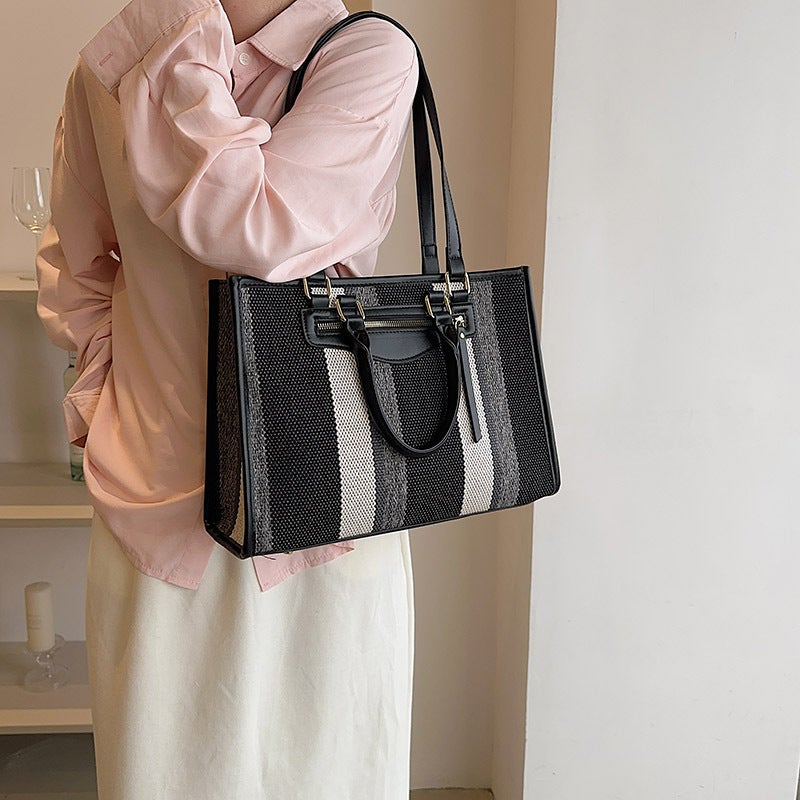 Canvas Tote Bag For Women 2023 New Contrast Color Striped Handbag Large Capacity Shoulder Bag - Image 5
