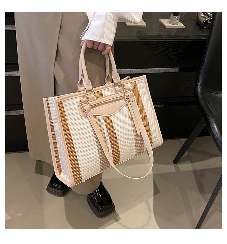 Canvas Tote Bag For Women 2023 New Contrast Color Striped Handbag Large Capacity Shoulder Bag - Image 1