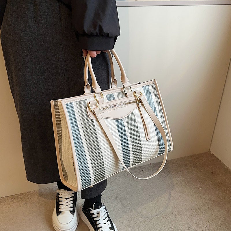 Canvas Tote Bag For Women 2023 New Contrast Color Striped Handbag Large Capacity Shoulder Bag - Image 4