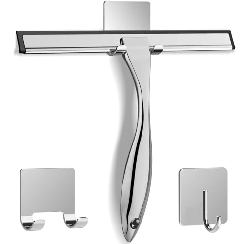 Docrok All-Purpose Stainless Steel Shower Squeegee for Shower Glass Door with 2 Adhesive Hooks, Bathroom Cleaner Tool Household Window Mirror Squeegee for Glass Doors, Cleaning Tile Wall, Car, 14 Inch Silver - Image 1