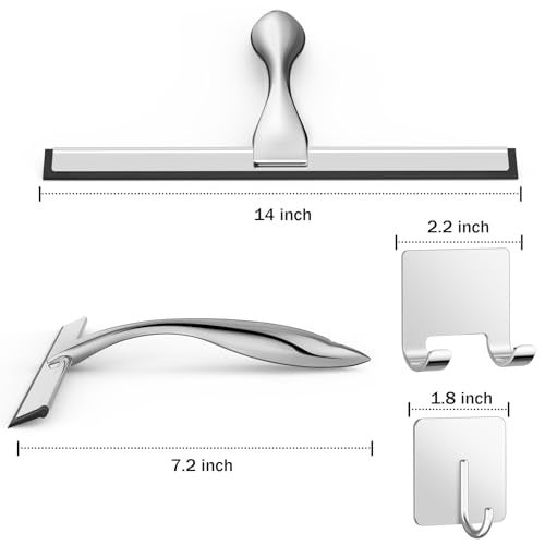 Docrok All-Purpose Stainless Steel Shower Squeegee for Shower Glass Door with 2 Adhesive Hooks, Bathroom Cleaner Tool Household Window Mirror Squeegee for Glass Doors, Cleaning Tile Wall, Car, 14 Inch Silver - Image 2