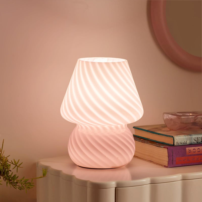 ONEWISH Mushroom LampSmall Bedside Table Lamp with Striped Glass Nightstand Lamp for Bedroom Living Room Cafe Bulb Included Home Decor for Girls Women Pink