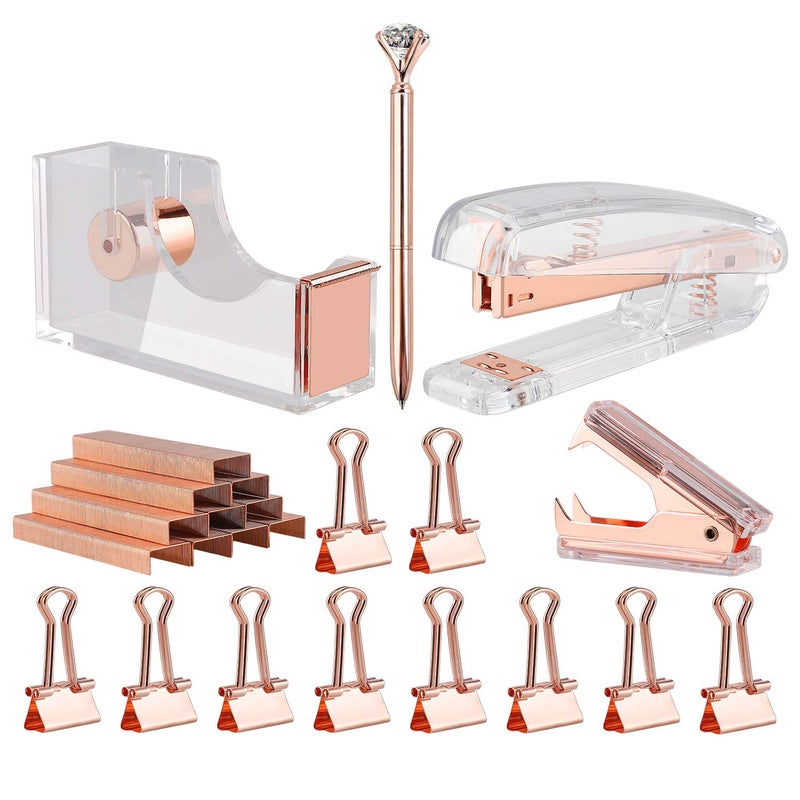 KIDMEN Rosegold Desk Accessory Kit,Set of Stapler, Staple Remover,1000pcs Staples,Tape Dispenser,Big Diamond Ballpoint Pen and 10pcs Binder Clips - Image 1