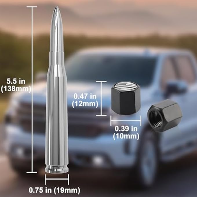 rayihni Chrome Car Truck Bullet Antenna 50 Cal with Tire Stem Caps for Ford F150 F250 F350 Super Duty Raptor Dodge RAM GMC Sierra Chevy Silverado 1500 2500 3500 - Image 3