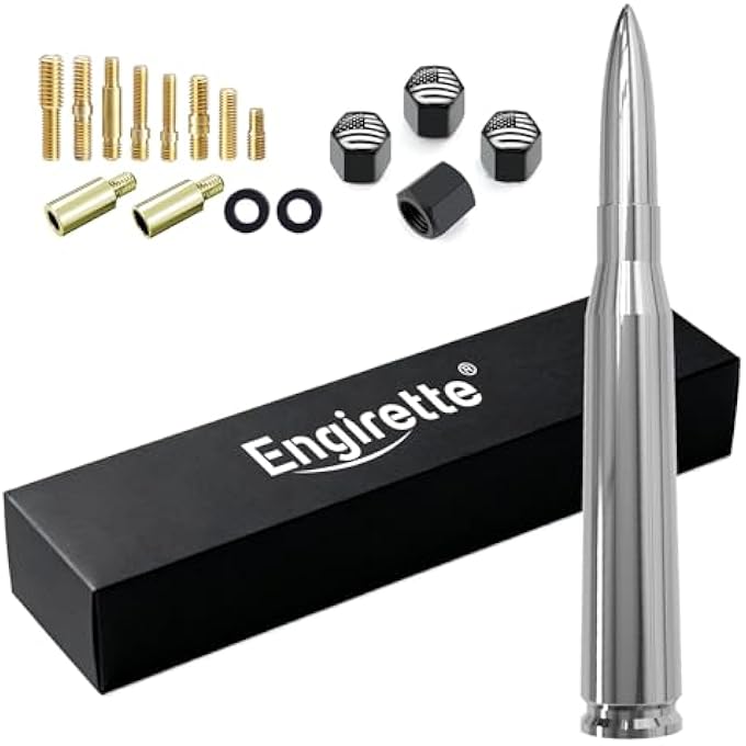 rayihni Chrome Car Truck Bullet Antenna 50 Cal with Tire Stem Caps for Ford F150 F250 F350 Super Duty Raptor Dodge RAM GMC Sierra Chevy Silverado 1500 2500 3500 - Image 1