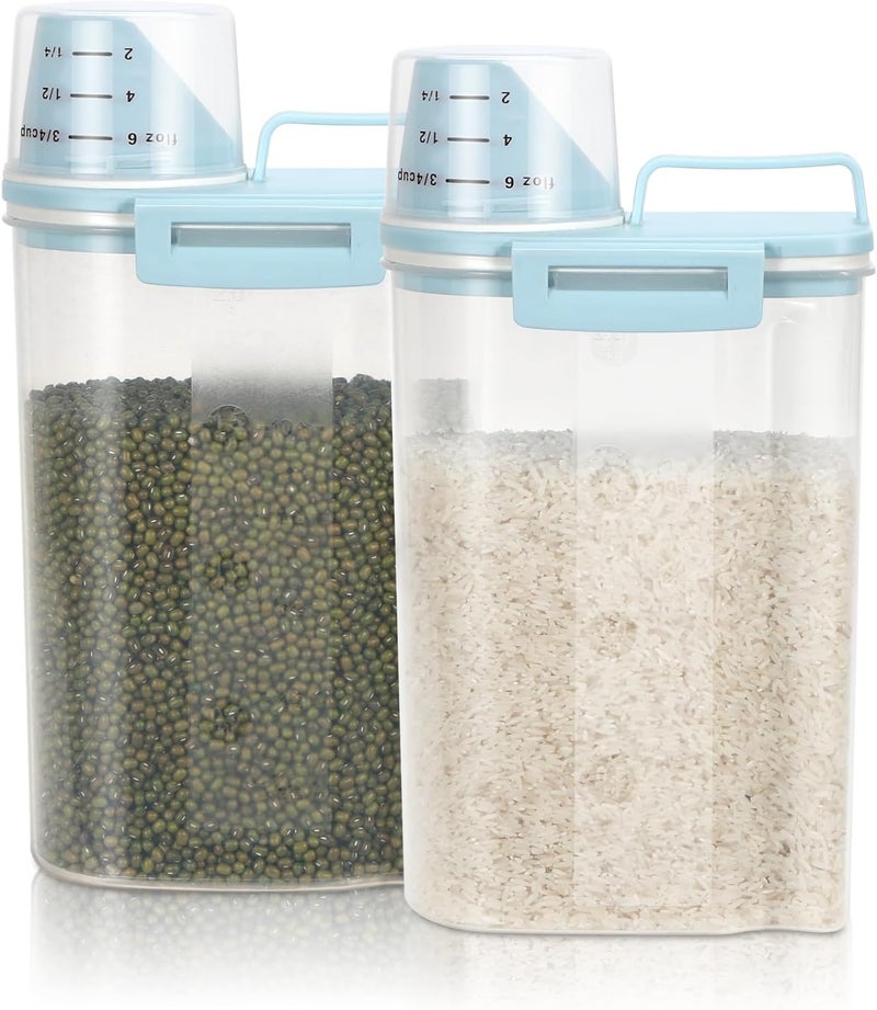 TBMax Rice Storage Container 2 Pack, Plastic Kitchen Pantry Food Storage Container with Cup, Small Pet Dog Cat Food Container Dispenser - Sky Blue - Image 1