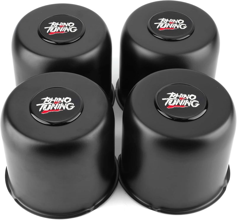 RTRHINOTUNING غطاء مركز عجلات المقطورات من الفولاذ المقاوم للصدأ من ، 4 قطع، مقاس 4.88 بوصة، لشاحنات وسيارات الدفع الرباعي وسيارات RV، ارتفاع 4.47 بوصة، أسود غير لامع، قابلة للدفع عبر المركز. - Image 1