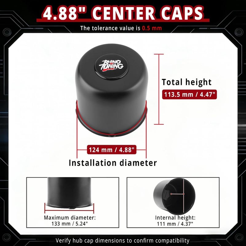 RTRHINOTUNING غطاء مركز عجلات المقطورات من الفولاذ المقاوم للصدأ من ، 4 قطع، مقاس 4.88 بوصة، لشاحنات وسيارات الدفع الرباعي وسيارات RV، ارتفاع 4.47 بوصة، أسود غير لامع، قابلة للدفع عبر المركز. - Image 2