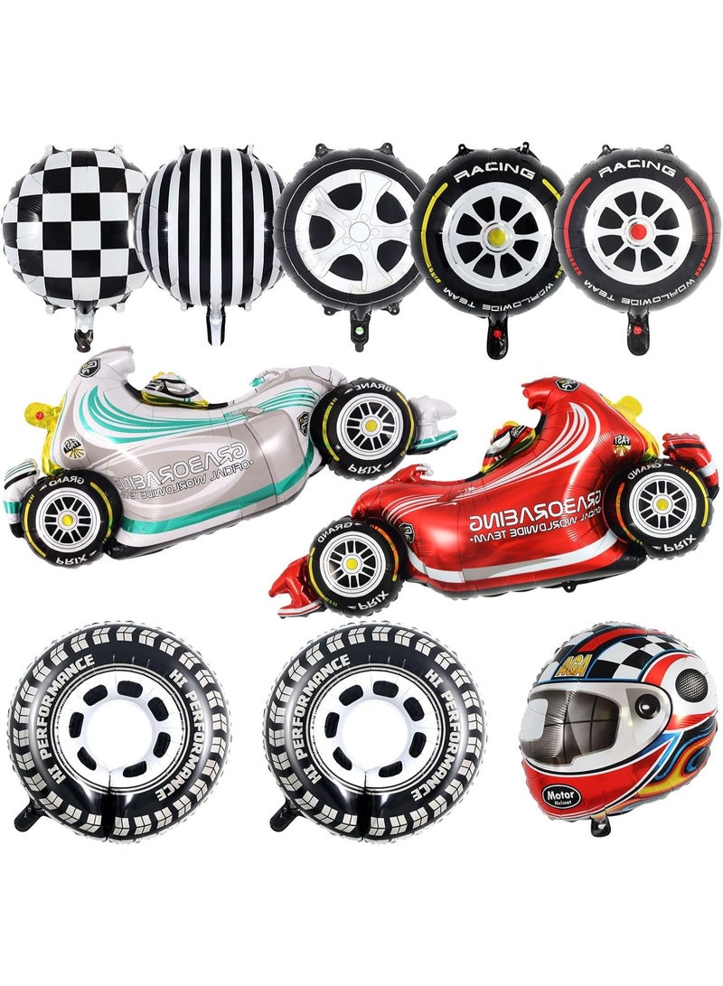 10 قطع من بالونات سيارات السباق، خوذة من رقائق معدنية، بالونات مربعة، وبالونات على شكل إطارات سيارات هوت ويلز، مستلزمات حفلات سيارات السباق لعيد ميلاد الأولاد، زينة على شكل سيارات السباق - Image 1