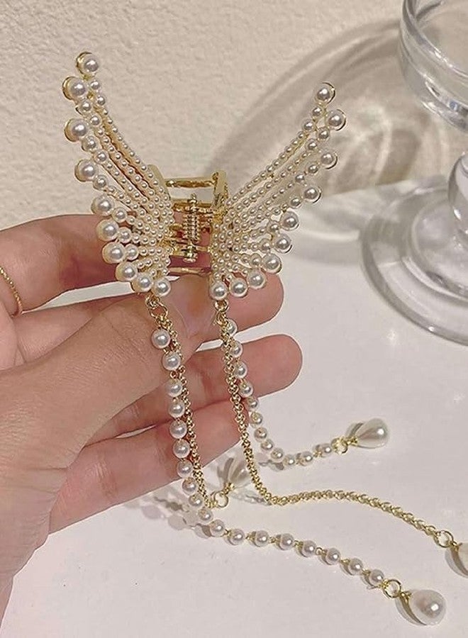 مشبك شعر أنيق على شكل فراشة مزين بشرابات من اللؤلؤ وأحجار الراين الكريستالية، إكسسوار شعر على الطراز الكوري للنساء - Image 3