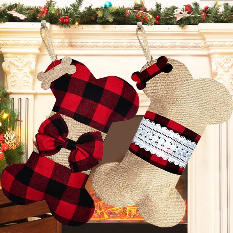 Senneny 2 Pack Pet Dog Christmas Stockings Buffalo Red Black Plaid Burlap Large Bone Shape Hanging Christmas Stocking for Dogs Pets