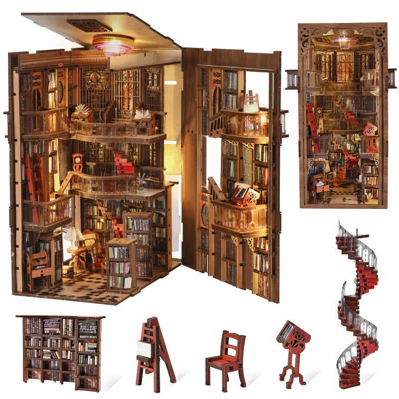 CCCDF مجموعة مكتبة CCCDF Book Nook - مجموعة دمى مصغرة - لغز خشبي ثلاثي الأبعاد - حامل كتب مع ضوء LED للبالغين والمراهقين - مكتبة الدير - Image 3