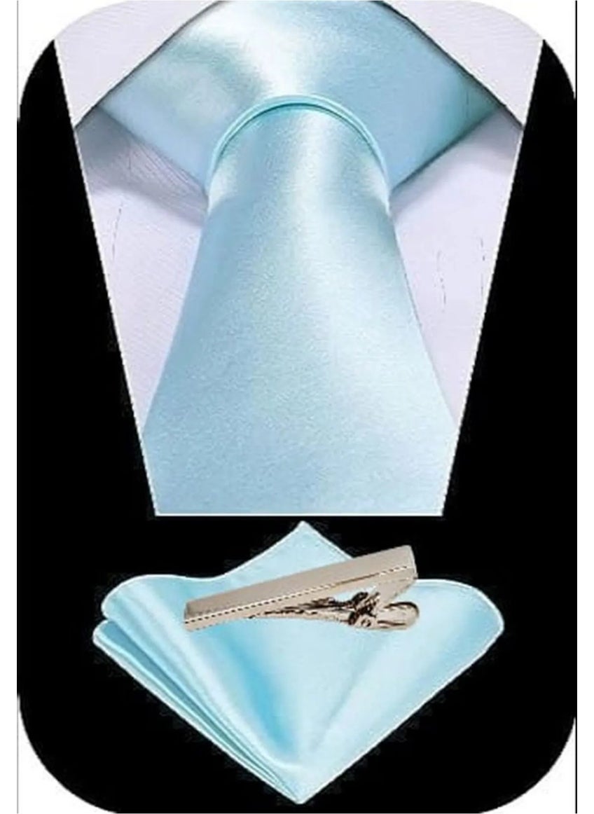 Tezzgelsin Men's Satin Tie Handkerchief and Silver Steel Tie Clip Set  - Image 2
